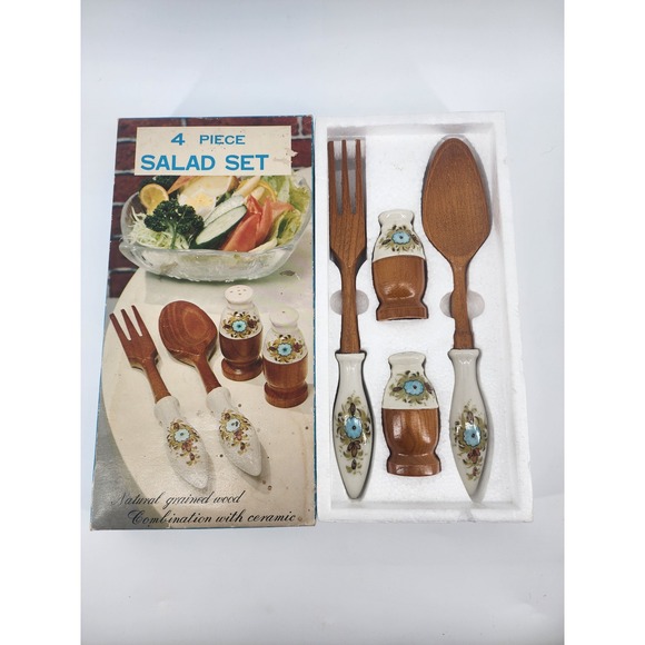 Other - Vintage 4 Piece Salad Set Natural Grained Wood Ceramic Floral Handles Shakers